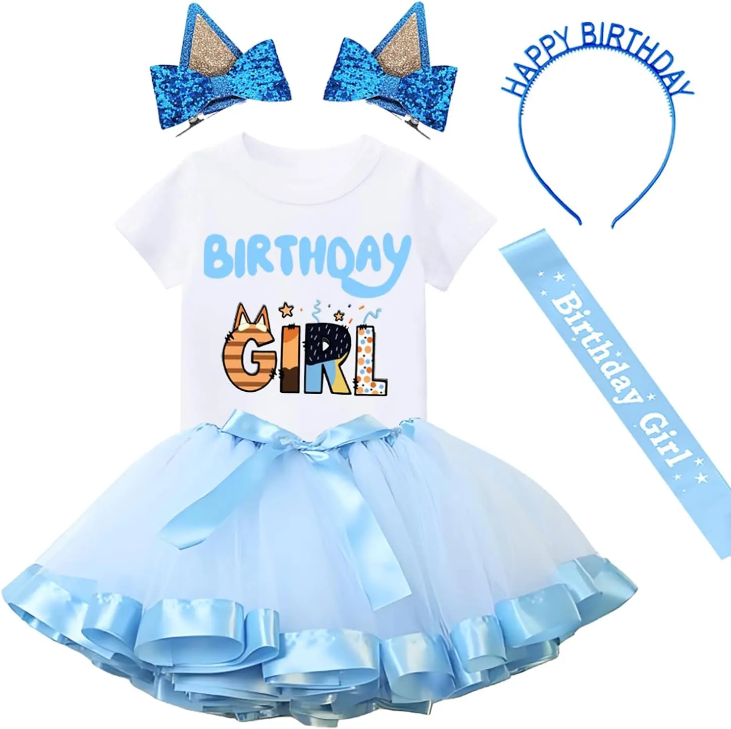 Birthday Girls Outfit T-Shirt Tutu Skirt Sets with Blue Ears Hair Clips Headband and Satin Sash…Gift.