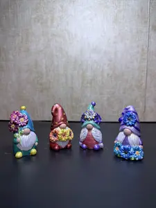 Hand Painted One-of-a-Kind Spring Gnome Set of 4 with Metallic Sparkly Sunflowers Collectible Figurines