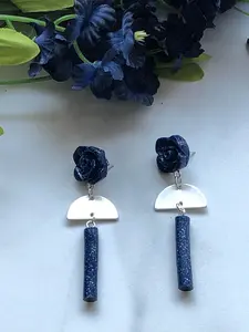 Carina - Navy Glitter Clay Rose, Silver Half Moon, & Navy Tube Dangle Earrings