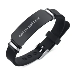OIDEA Engravable Curved Bar Silicone Bracelet for Men Women, Stainless Steel Adjustable ID Wristband, Sport Jewelry