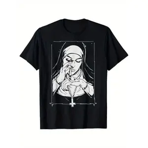 100% Cotton Funny Unholy Drug Nun Costume Essential Costume T-Shirt for Men Women Couple, Casual Crew Neck Short Sleeve Tee, Breathable Cotton Fabric