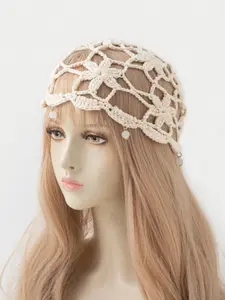 1pc Women's Handmade Crochet Lightweight Hollow-Out Pearl Decorated Hat, Knit Hats, Suitable For Spring, Summer, Autumn Daily And Outdoor Wear