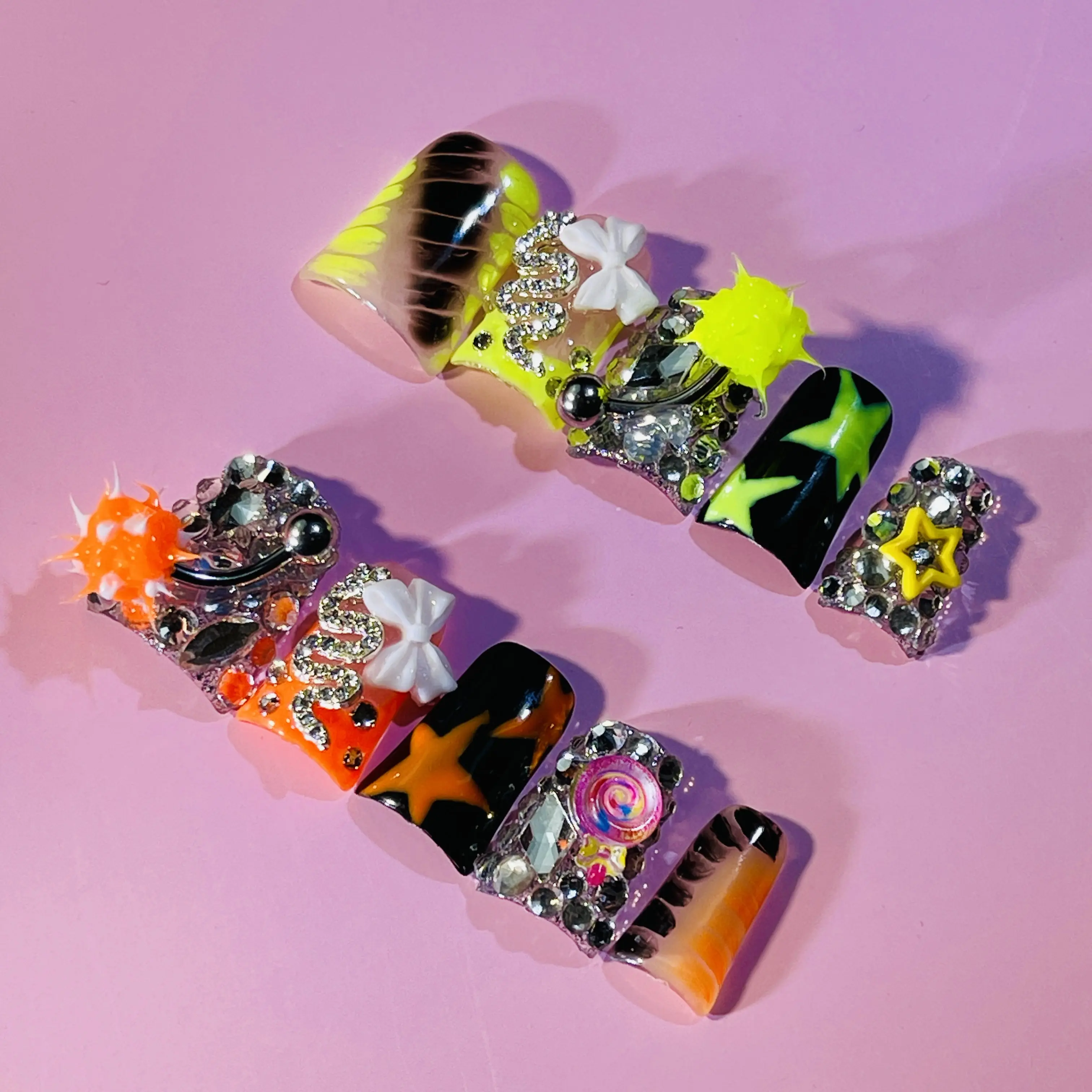 DiDazzle 10 PCS Handmade Acrylic Duckbill Press-On Nails, StarBowSparkle Design with 3D Bows, Acrylic Stars, Crystal Accents, Metallic Glam, Ideal for Casual, Watch Party Occasions, Press On Nail, Nails Acrylic Press On