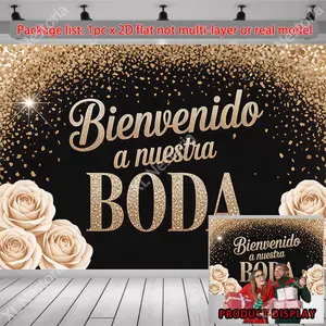 1PC,2D Flat Spanish Wedding Welcome Backdrop, Black Gold Rose Glitter Theme Party Decor Curtain, Suitable For Wedding Sign - in Area & Photo Area Decoration, Photo Shooting Background Prop