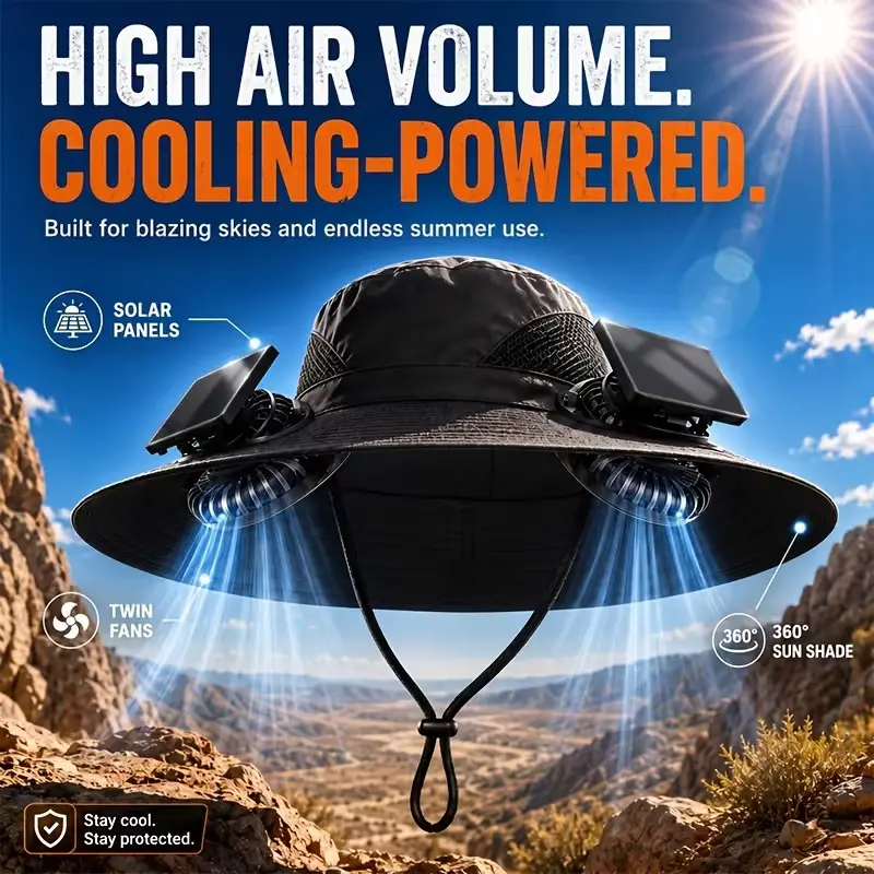 Solar fan hat, dual-fan design, breathable wide-brim sun hat, unisex, with adjustable wind speed and adjustable strap, suitable for travel, gardening, and summer activities.