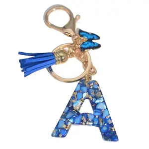 blue butterfly Resin Plastic Alphabet Initial Letter Keychain - Double Ring Design, Cute Charm, Female Gift, Everyday Wear Accessory for Bag, Backpack or Car Hanging Pendant