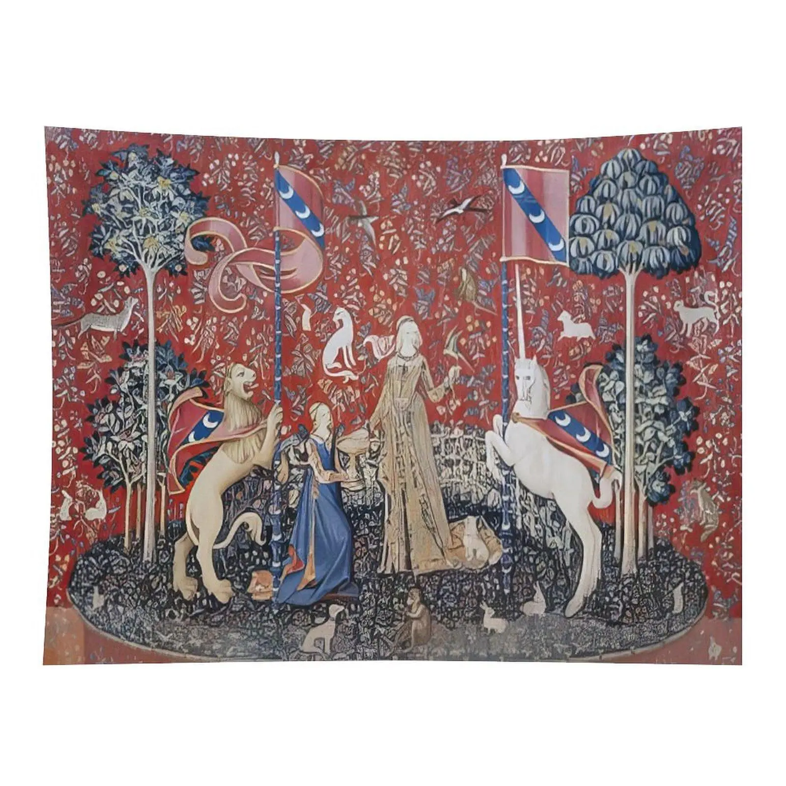 Medieval Tapestry Style Noble Lady Lion Unicorn Scene Wall Tapestry, Red Background Vintage European Fantasy Art Wall Hanging