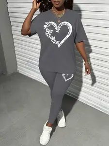Printed pattern Women's Tee & Skinny Pants Two-Piece Set, Casual Fashion Cozy Round Neck Short Sleeve T-Shirt & Trousers for Everyday Outdoor Wear, Ladies Summer Clothes Womenswear