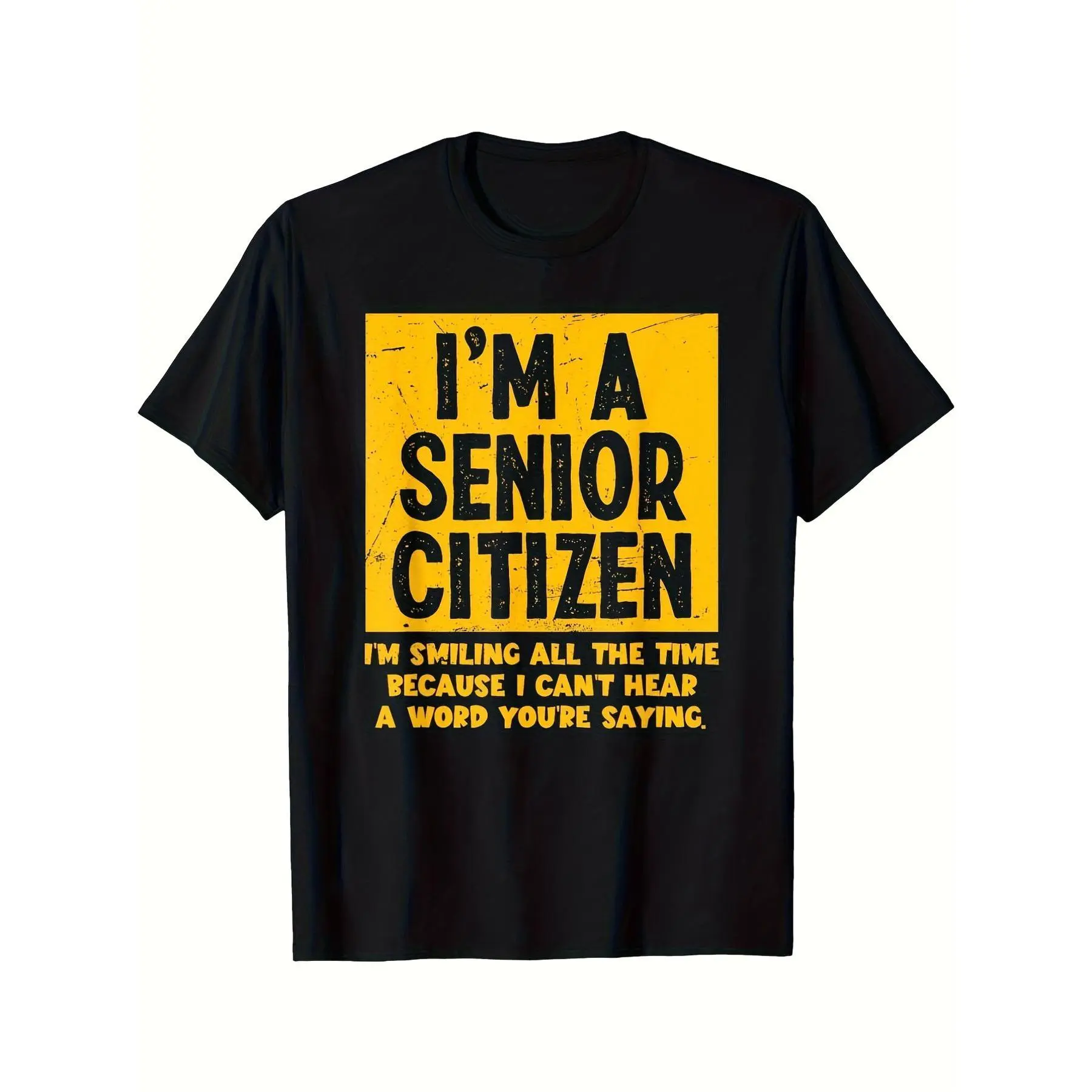 Men's 100% Cotton Ultra Soft Seamless Graphic Tshirt, Funny "I'm A Senior Citizen" Slogan Black-Yellow Print Top, Comfortable Round Neck Casual Summer Menswear for Retirement Gifts