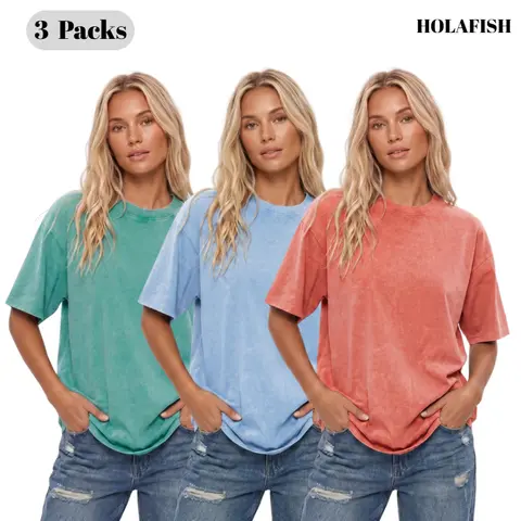 【S-XXXL】Holafish 3 PCS 2026 New Color Women's Unisex Acid Washed T-Shirts Vintage Casual Baggy Streetwear Girlfriend Tee Workout Short Sleeve Cotton Tops 3pcs