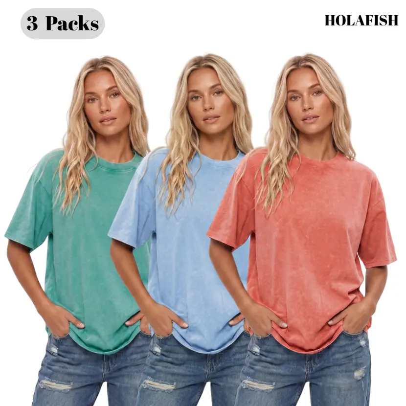 【New Colors】Holafish 3 PCS 2026 New Color Women's Unisex Acid Washed T-Shirts Vintage Casual Baggy Streetwear Girlfriend Tee Workout Short Sleeve Cotton Tops 3pcs T23S By Summervibes