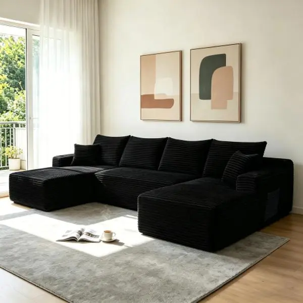 134" Minimalist Plush Corduroy U-Shape Modular Corner Sectional Sofa with Comfortable Chaise, Side Storage Pockets, Cup Holder, Deep Seating - Fully Assembled High-Resilience Sponge Structure Couch for Bedroom, Apartment Indoor Living Room Furniture