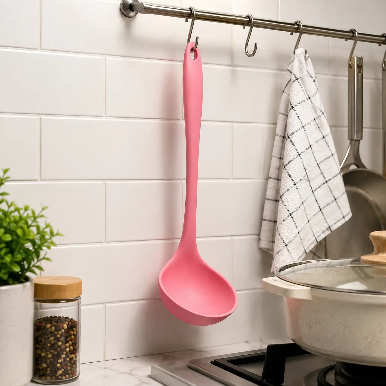 Premium Silicone Soup Ladle, 11.25-Inch Heat-Resistant Cooking Spoon with Stainless Steel Core, BPA-Free, Pink
