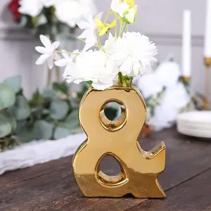 Shiny Ceramic Vase Symbol "&" Gold Plated - Chic Bud Planter Pot for Events & Decor 6"