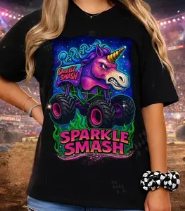Youth and Adult Sparkle Smash Monster Truck T-Shirt, Unicorn Racing Graphic Tee, Fun Event Outfit for Truck Fans, Monster Jam shirt, Monster Truck shirt, Off-Road Motorsports Tee, Monster Truck Fan Gift, Youth clothing, summer outfit, Racing Fan Gift