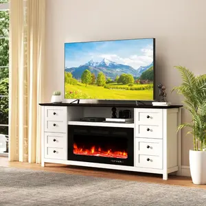 70 Inch Fireplace TV Stand for TVs Up to 80 Inch, Modern Solid Wood Media Console with 36 Inch Electric Fireplace & Storage Drawers, White