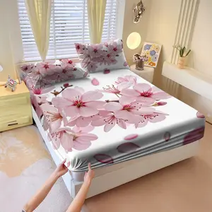 Cherry blossom pattern soft bed sheet, elastic corner, Fitted bed sheet, bedsheet, Floral Sheets, suitable for home, bedroom, hotel, dormitory, school use, all season universal mattress protective cover