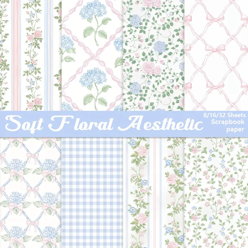 8/16/32 Sheets Blue Floral Scrapbook Paper, 5.8x5.8'' Size, For Junk Journal, Scrapbook Page, Gift Wrapping, Photo Albums, DIY Crafts Material Paper, Scrapbook Materials