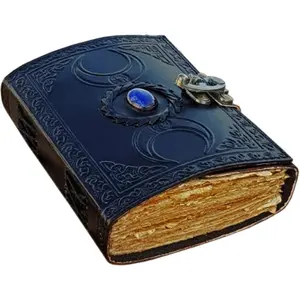 Leather Journal Semi Precious Celtic  Stone Triple Moon Design-Lock Closure, 200 Antique Deckle Edge Paper Blank Spell Book of Shadows Leather Bound Embossed Notebook, Grimoire Journal,  Journal for Men , Witchy Gifts Pagan  Decor  Gifts