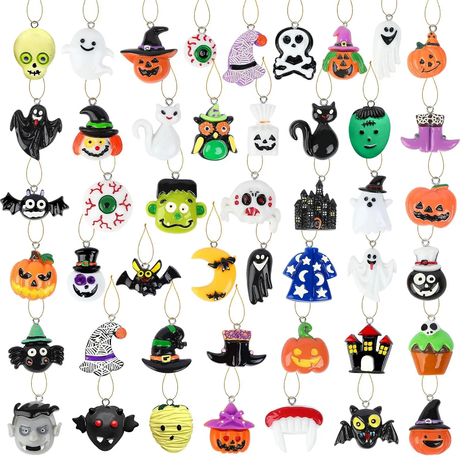 36Pcs Mini Resin Halloween Ornaments for Tree Holiday Home Decor | Hanging Pendants with String, Ghost Bat Witch Hat Pattern, Halloween Party Decor, Miniature Figurine Charms for Small Tree