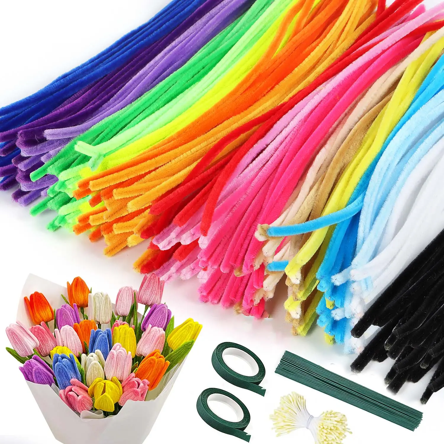 500pcs Soft Flexible Chenille Stems Pipe Cleaners - 30cm Arts and Crafts Supplies with Floral Wires, Gardening Tape, Stamen - DIY Material for Custom Craft, Floral Arrangements (20 Vibrant Colors, All Ages)