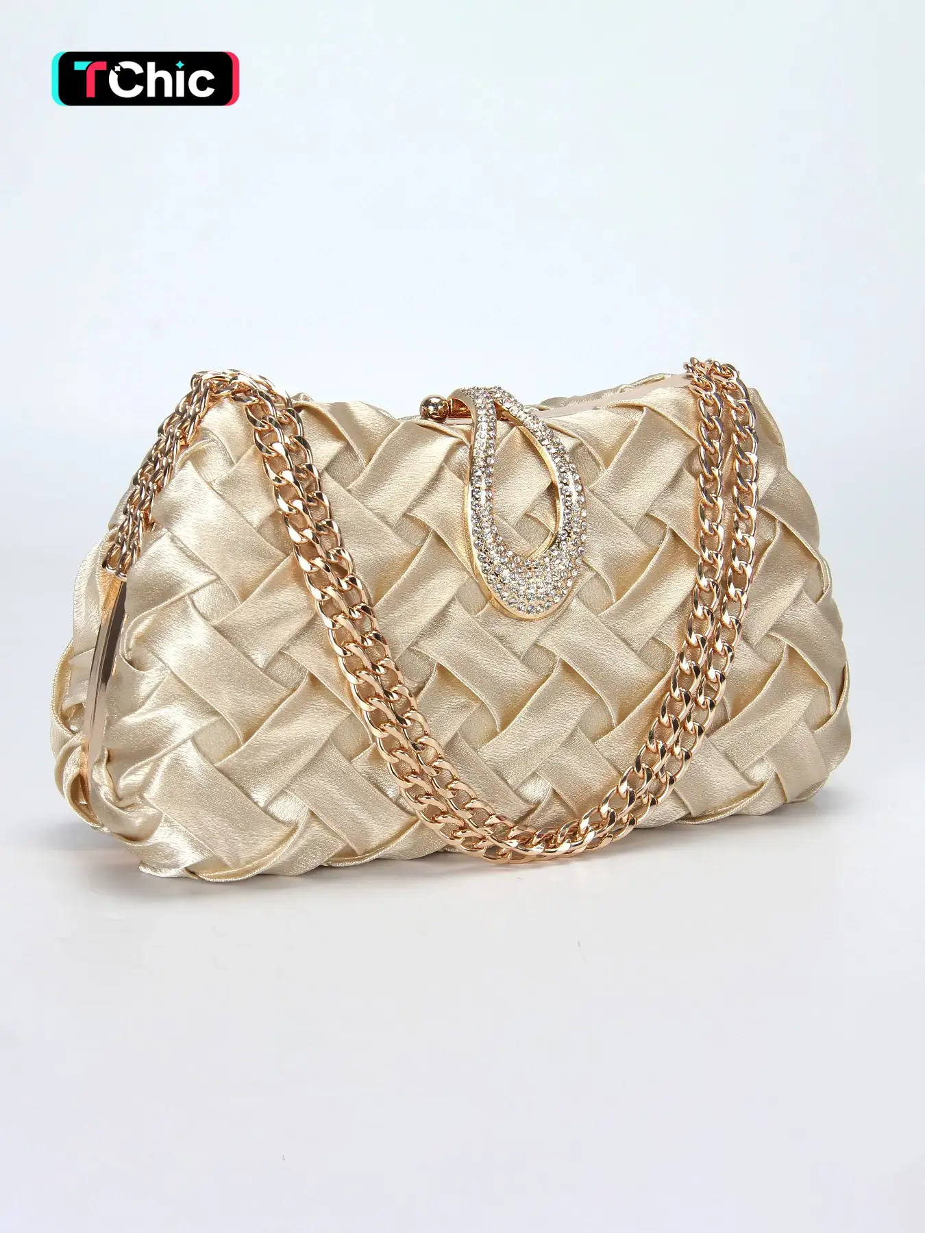 Fashion Interwoven Design Women's Evening Bag, Metal Handle Handbag, Crossbody Shoulder Bag, Wedding Party Bag, Rhinestone Lock, Formal Occasions, Elegant Rhinestone Bag