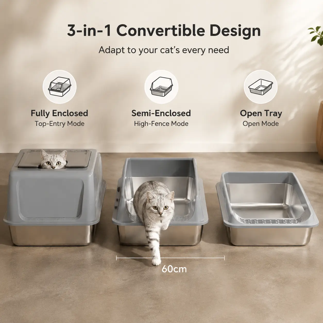 Raised rim stainless steel cat litter box with front sand-release pedal to prevent splashing; open metal cat toilet; large size, easy to rinse for home cats