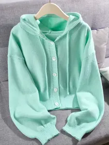 Fresh Mint Hooded Knit Cardigan, Casual Fashionable Lightweight Sweater, Easy, Women's Spring & Fall Wear