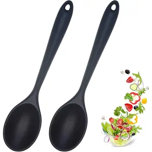 2 Pcs Silicone Nonstick Heat Resistant Mixing Spoons Cooking Utensil for Kitchen Cooking Baking Stirring Serving (Black)