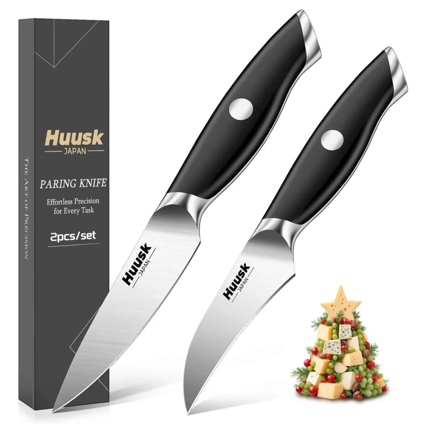 Huusk Curved Blade Paring Knife 2 Pack, Premium Black Handle Sharp Stainless Steel Fruit Knives for Daily Fruit Peeling, Charcuterie & Home Kitchen Use