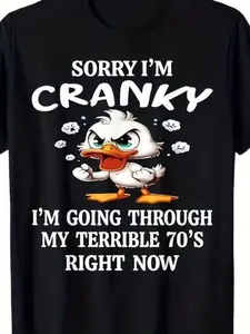 Funny Duck Slogan Print Short Sleeve T-Shirt, Summer Casual Loose Fit Top, Geometric Pattern, Perfect for 70th Birthday Gifts