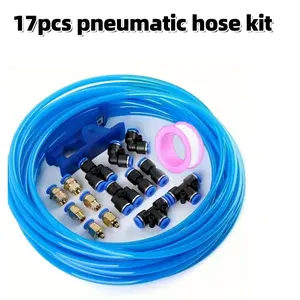 17 Piece Pneumatic Tubing Kit, Blue PU Air Hose Set, 10m, 4-12mm Od, Quick Release Adapters, Metal & PVC Connectors