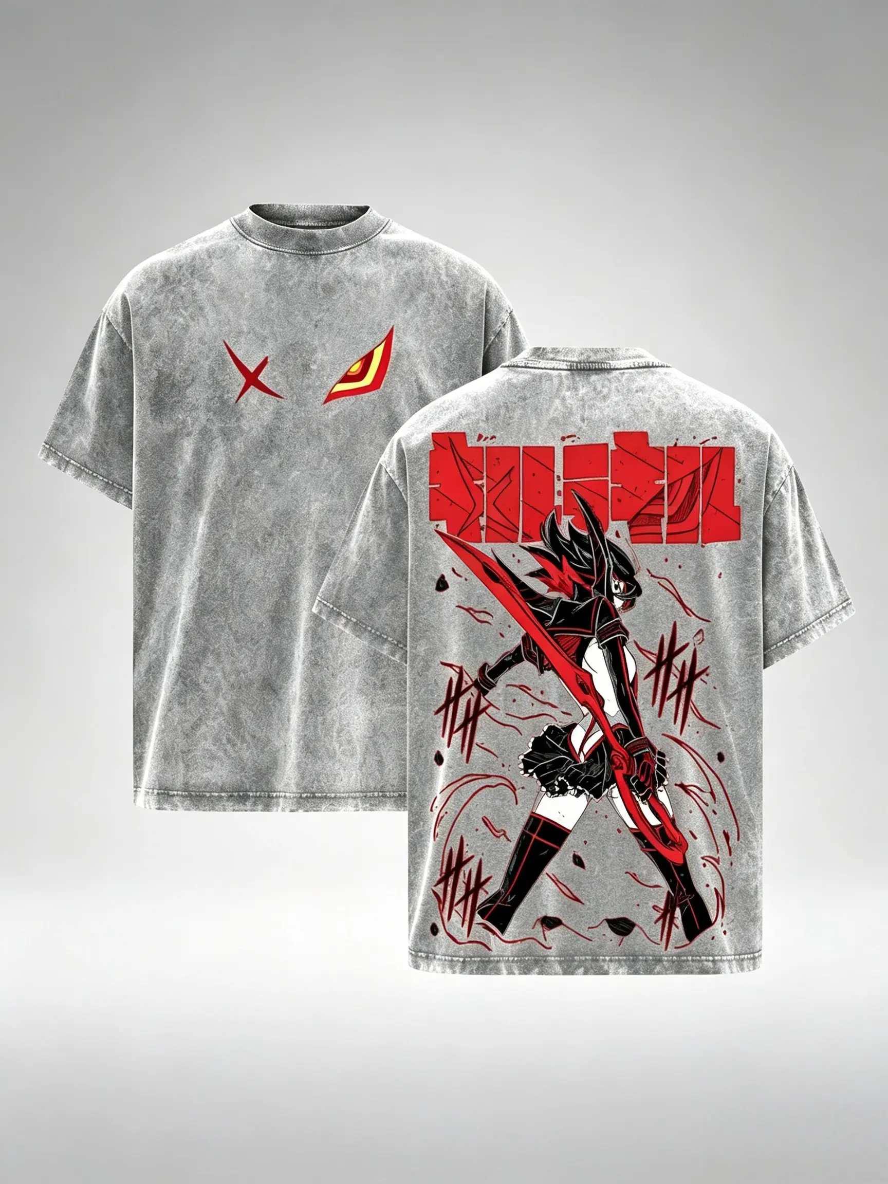 Menswear  Acid  Distressed Ryuko Matoi Print Cotton T-Shirt - Oversized Unisex Kill La Kill Anime Streetwear Shortleeve Tee, Retro Loose Casual Top slim-fitting f graphic day