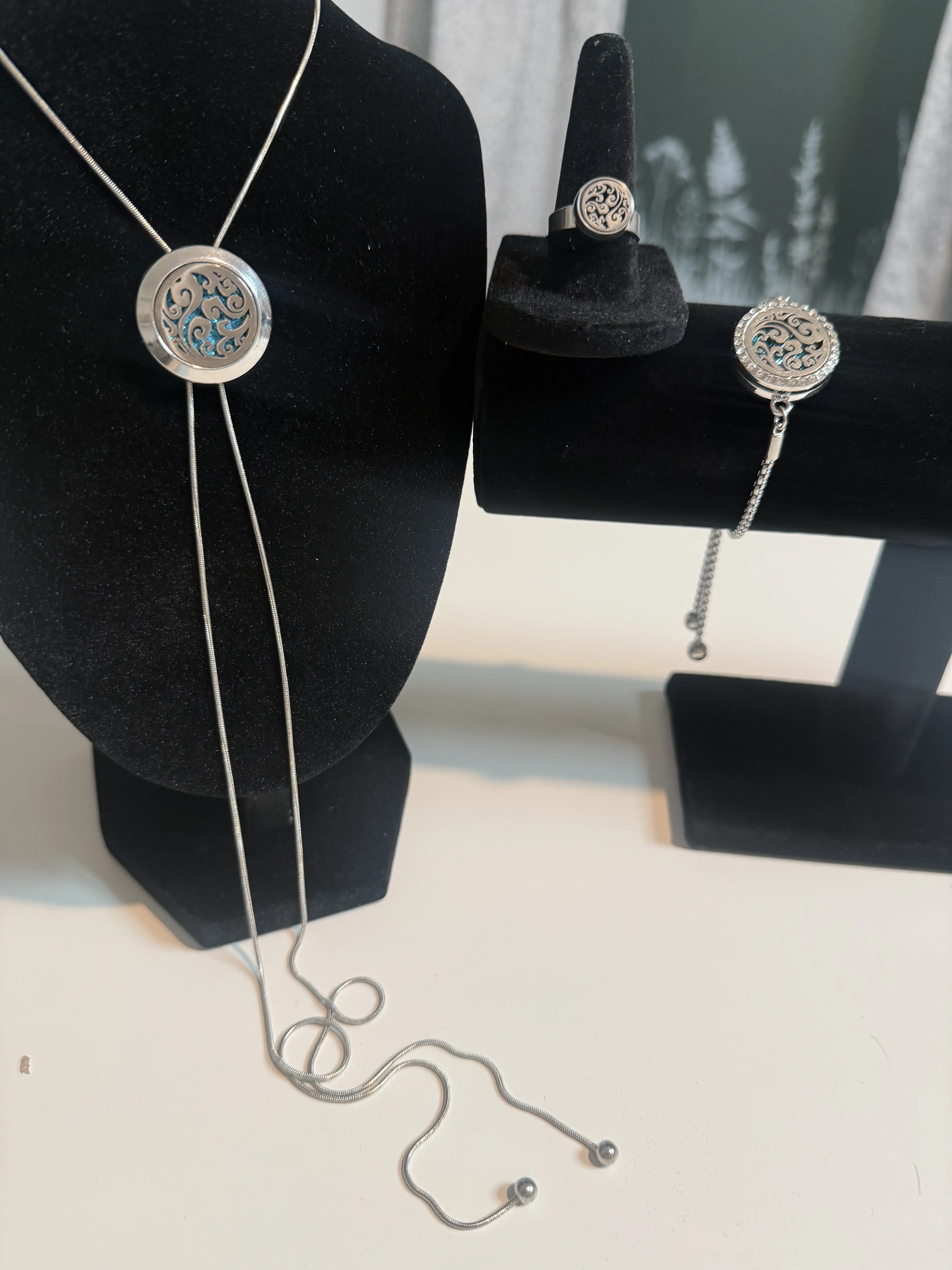 3-Piece Zen Aromatherapy Jewelry Set | Filigree Diffuser Necklace, Bracelet & Ring | Stainless Steel Tarnish-Resistant Gift Bundle