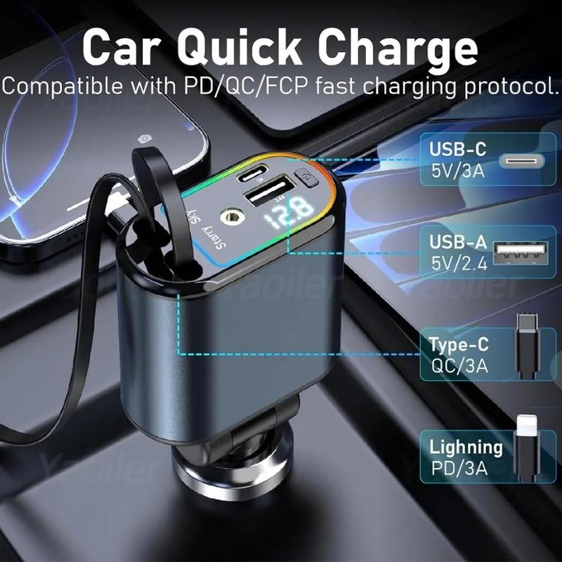 4-in-1 Starry Sky Retractable Car Charger 120W Top Projection Light Four-In-One Type-C+Lightning Dual Wires Usb+Pd Expansion Socket