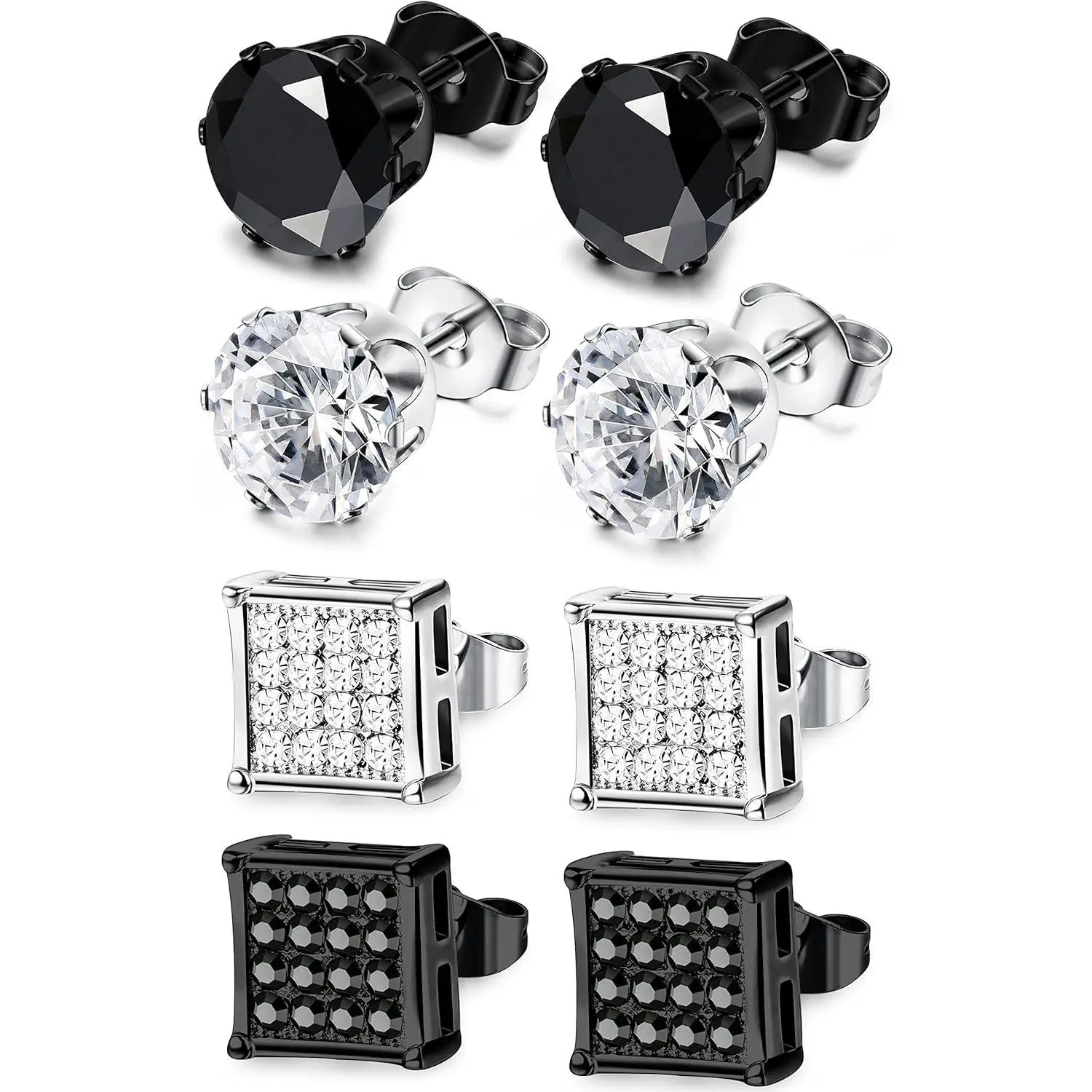YADOCA 4 Pairs Stainless Steel Stud Earrings for Men Women Silver Black Square Earrings Set Mens Earrings Inlaid Cubic Zirconia 6-10MM