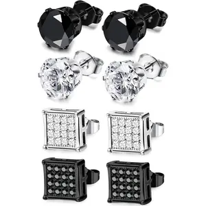 YADOCA 4 Pairs Stainless Steel Stud Earrings for Men Women Silver Black Square Earrings Set Mens Earrings Inlaid Cubic Zirconia 6-10MM