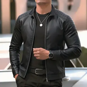 Grand Opening Special & Meet & Greet — Men’s regular-fit solid-color PU leather jacket with zipper pockets; casual long-sleeve men’s jacket with a trench coat–style lapel collar, suitable for all seasons—fashionable menswear for everyday wear