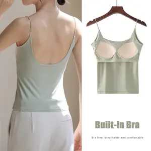 Plain Breathable Cami Tank Top with Built-in Bra, Women's U-Shaped Back Sleepwear, Stretchy Summer Yoga Active Top  Womenswear Padded