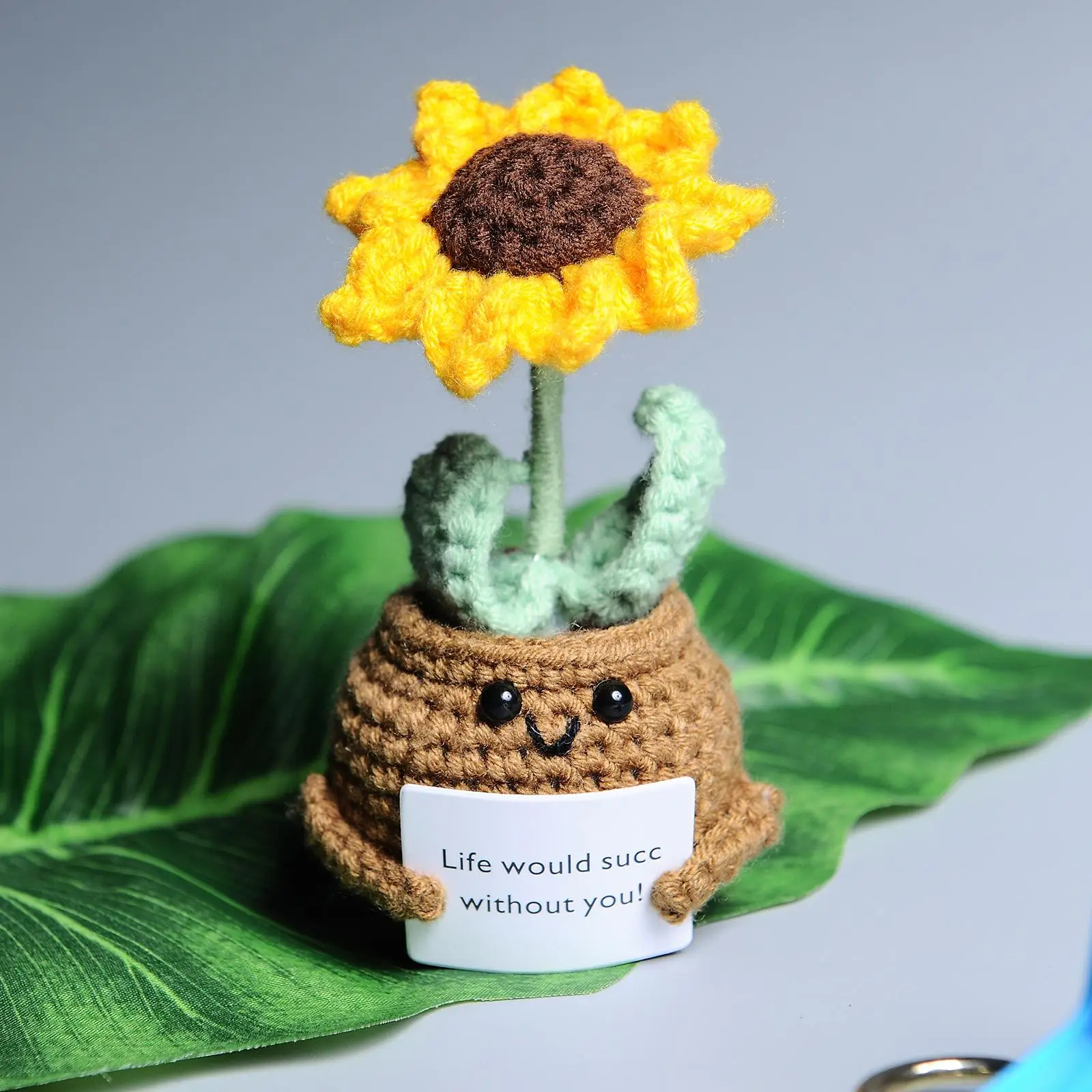 Sunflower Pot Crochet Ornament, Cute Cartoon Positive Potted Plant Figurine, Creative Home Decor for Living Room Bedroom Office Car, Room Decor Summe