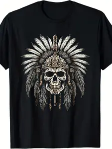 T-Shirt Featuring a Local American Chief with a Skull And an Indian Headdress Designed for Both Men And Women. This Pure 220G Short-Sleeved Printed Tee Is Perfect for Summer