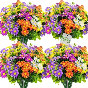Artificial Daisy Plastic Flowers, 10 Bundles Non-Fading, Leaf Bouquets, Indoor Outdoor Home Garden Decor, DIY Gardening, Artificial Flowers For Outside