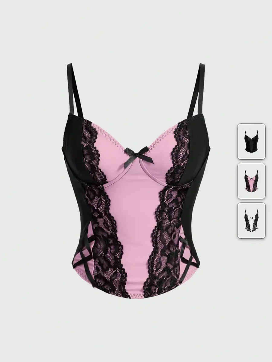 Y2K Cami Top Goth Sexy Contrast Lace Drawstring Waist Party Outfit