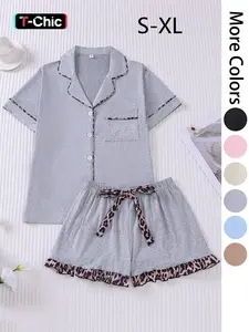 Women's Patchwork Contrast Binding Button Front Pocket Shirt & Ruffle Hem Shorts Pyjama Set, Casual Comfy Two-piece Pj Set, Ladies Summer Sleepwear, Pajama Set, Casual Lounge Sleep
