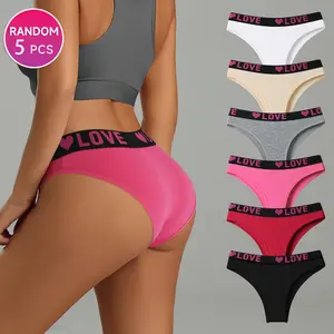 HOTCOM 5 Pack High Rise Comfortable Casual Panties Set-Women's Plain Letter Tape Panties for Everyday Wear -Soft,Breathable, and Relaxing