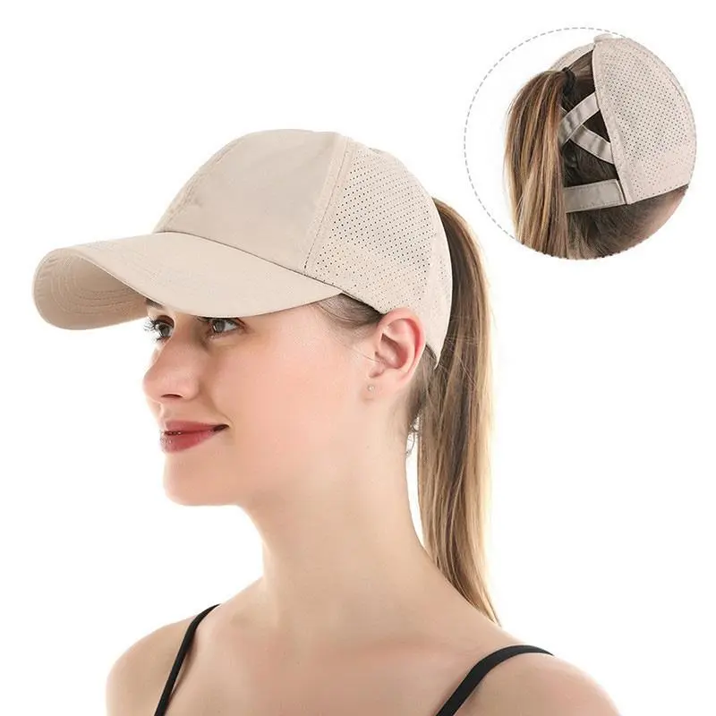 Women's Cross Ponytail Baseball Cap, Hats for Women, Adults' Universal All-Season Polyester Cap - Summer Quick-Dry Perforated Mesh, UV Protection, Adjustable Fit, Ideal for Running, Gym