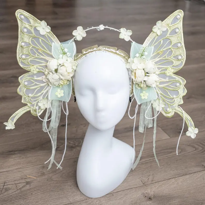 Butterfly floral halo, green, fairy headdress, goddess butterfly crown, Halloween butterfly costume, butterfly fascinator