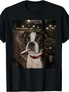 Funny Smoking Boston Terrier Dog Meme Gen Z Joke Brainrot T Shirt 180g 100% Cotton Perfect for Spring Valentine's Day St Patrick's Day Graduation Easter Mardi Gras Gifts for Dad Mom