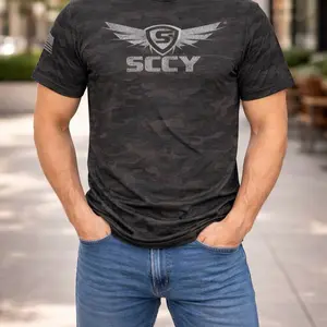 Men’s Black and Grey Camo T Shirt with Gun Company Graphic - Menswear