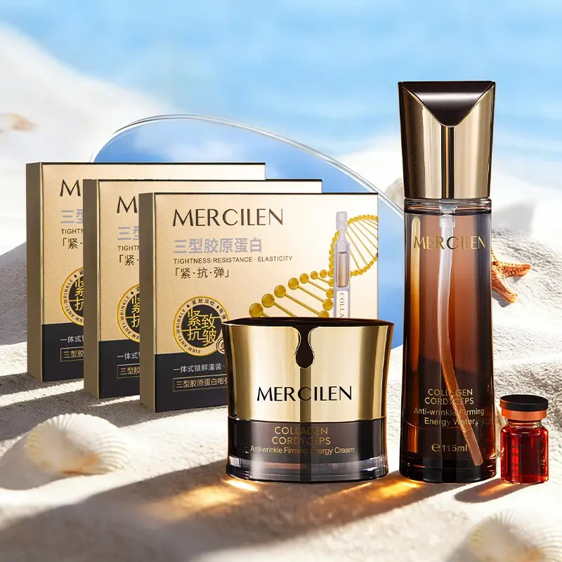 Mercilen Collagen Skincare Set, 5 Boxes, Collagen Ampoule Essence 10 Pcs X 3 Boxes, Cordyceps Cream 50g, Collagen Cordyceps Serum 115ML + 5ML, Collagen Lift Kit, Anti Wrinkle Kit